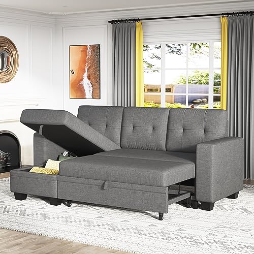 Furmax Sleeper Sofa, Sofa Bed L Shaped Sectional Couch with Reversible Storage Chaise Lounge, Modern Fabric Pull Out Couch & Couch Bed for Living Room Small Space (Grey)