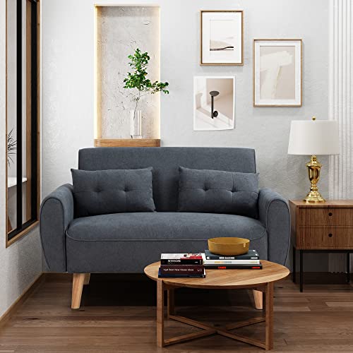Shintenchi 47' Small Modern Loveseat Couch Sofa, Fabric Upholstered 2-Seat Sofa, Love Seat Furniture with 2 Pillows, Wood Leg for Small Space, Living Room, Bedroom, Apartment, Dark Grey