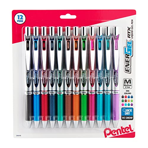 Pentel EnerGel RTX Retractable Liquid Gel Pens, Medium Point, 0.7 mm, Assorted Colors, Pack Of 12 Pens