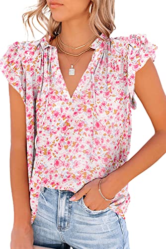 Dokotoo Womens Fashion Plus Size V Neck Tie Top Floral Boho Short Sleeve Blouses Juniors Loose Flowy Ruffle Shirts Large Red
