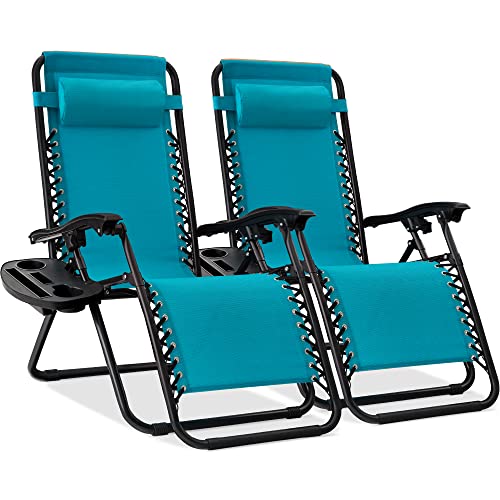 Best Choice Products Set of 2 Adjustable Steel Mesh Zero Gravity Lounge Chair Recliners w/Pillows and Cup Holder Trays - Peacock Blue