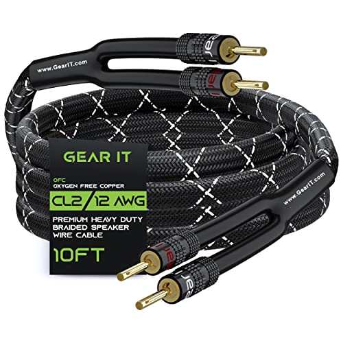 GearIT 12AWG Speaker Cable Wire with Gold-Plated Banana Tip Plugs (10 Feet) in-Wall CL2 Rated, Heavy Duty Braided, 99.9% Oxygen-Free Copper (OFC) - Black, 10ft