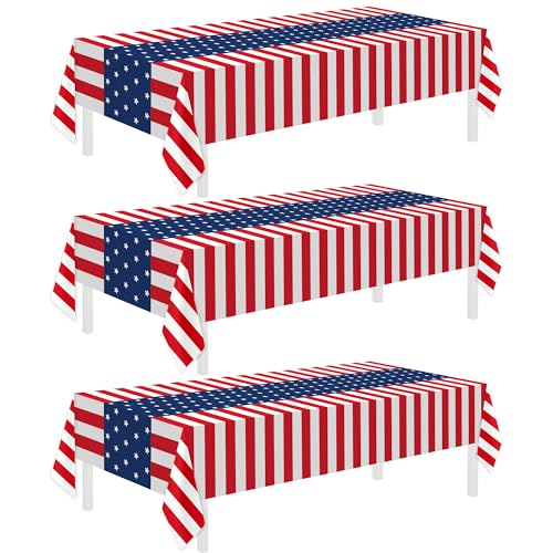 3 Pack Patriotic Tablecloth, Disposable Plastic Tablecloth 54' x 108' Patriotic Decorations, Birthday Party Table Cloth for Kids, Patriotic Themed Party Supplies for Outside, Picnic, Camping, Memorial