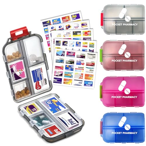 4Packs Pocket Pharmacy with Brand Labels, Portable Travel Med Wallet, Pocket Pill Box Dispenser Suitable for Storing Fish Oil Vitamin Medication, Etc. (4PSC Pill Box)