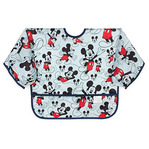 Bumkins Disney Bibs, Baby and Toddler Girls and Boys 6-24 Months, Long Sleeve, Essential Must Have for Eating, Feeding, Mess Saving Lightweight Waterproof Fabric Sleeved Smock, Mickey Mouse Classic