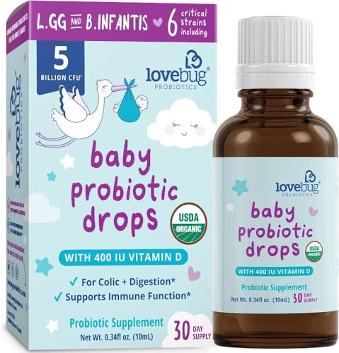 Lovebug Award Winning USDA Organic Probiotic for Infants & Babies | Helps with Colic, Reflux, Diarrhea, Constipation & Gas | Multi-Strain 5 Billion CFU | Liquid Drops | Ages 0-24 Months