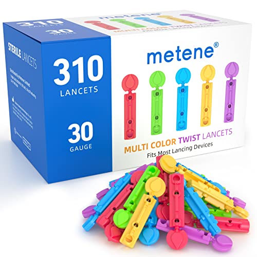 Metene Twist Top Lancets for Lancing Devices, 310 Count, 30 Gauge Lancets for Blood Sugar Test, Diabetic Lancets, Multicolored