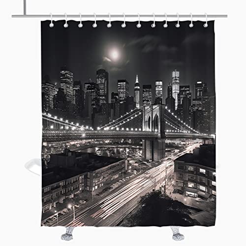 TheBlackSpot Black and White Mens Shower Curtain for Men 3D Designer New York City Night Scene Urban Life Brooklyn Manhattan Bath Curtains Decor Grommet with Hooks 72' W × 72' H