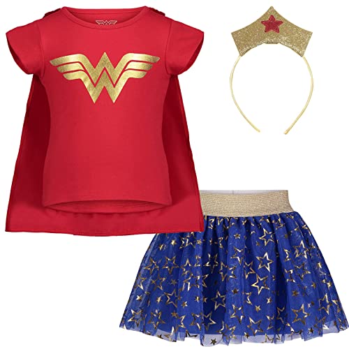 DC Comics Justice League Wonder Woman Little Girls 4 Piece Costume Set: T-Shirt Skirt Headband Cape Red 7-8