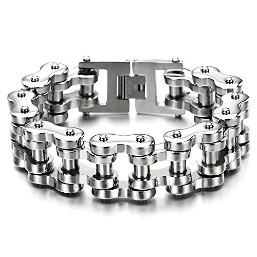 COOLSTEELANDBEYOND Heavy Sturdy Mens Motorcycle Chain Bike Chain Bracelet of Stainless Steel Silver Color Polished