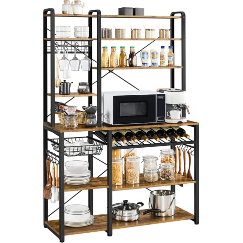 Yaheetech 43.5' W Kitchen Bakers Rack with Pull Out Wire Basket, 8 Tiers Microwave Stand Coffee Bar Station w/Wine Rack & Glass Holder & 12 Hooks, Utility Storage Shelf for Dining Room, Rustic Brown