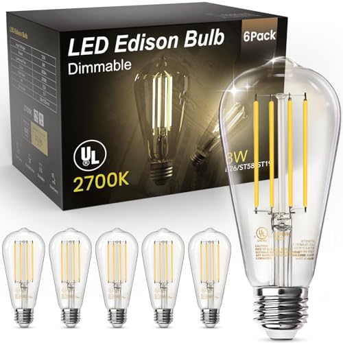 TJOY Edison Light Bulbs 60W Equivalent, Dimmable Vintage LED Light Bulbs, E26 Medium Base, Warm White 2700K, ST58, 8W, 800LM, 80+ CRI, Antique Decorative Filament LED Bulb, Clear Glass, 6 Pack