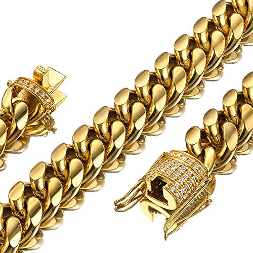 Jxlepe Mens Miami Cuban Link Chain 18K Gold 15mm Stainless Steel Curb Necklace with cz Diamond Chain Choker (24, Necklace)