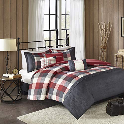 Madison Park Ridge Comforter Set - Cabin Lodge Plaid Herringbone Design, All Season Down Alternative Cozy Bedding with Matching Bedskirt, Shams, Decorative Pillow, Red Queen(90'x90') 7 Piece