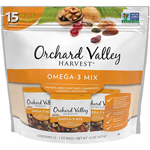Orchard Valley Harvest Omega-3 Mix, 1 Ounce Bags (Pack of 15), Walnuts, Cranberries, Almonds, and Pistachios, Gluten Free, Non-GMO, No Artificial Ingredients