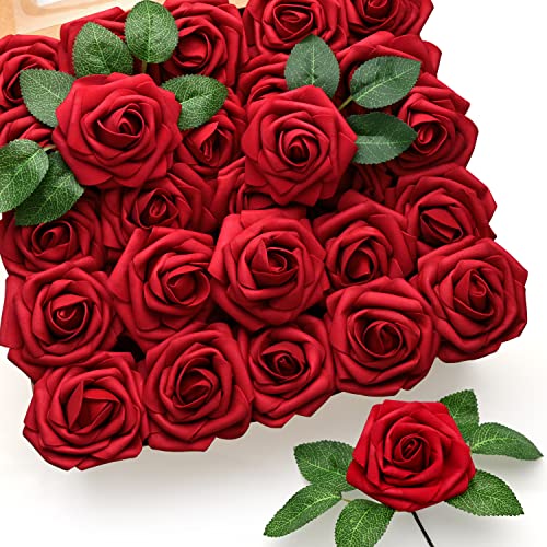 Mocoosy 50Pcs Red Roses Artificial Flowers Bulk, Dark Red Fake Roses Real Looking Foam Rose with Stems for DIY Wedding Bouquets Floral Arrangements Bridal Shower Mother's Day Party Home Decorations