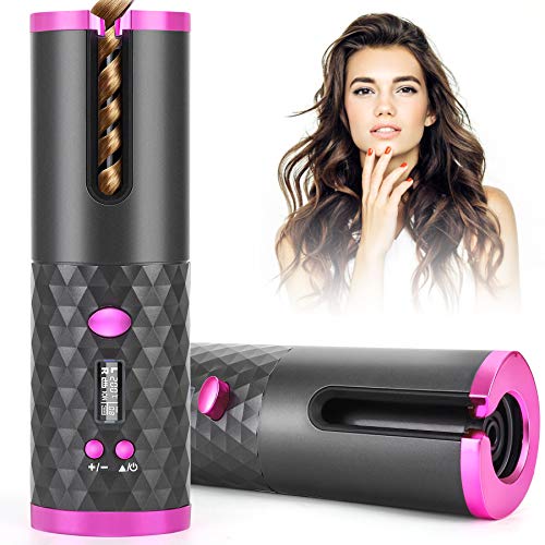 Bupto Hair Curler, Automatic Cordless Auto Hair Curler, Rechargeable Portable Hair Curler with 6 Temps & Timers, Ceramic Rotating Curling Wand for Hair Styling