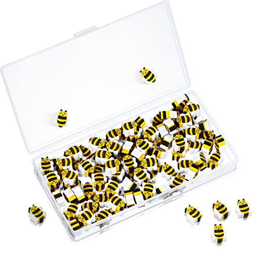 100 Pieces Mini Pencil Erasers Erasers Pack Mini Erasers Assortment Novelty Sea Erasers Mini Pencil Erasers with Storage Box for Party Favor, Gift Filling, Home School Work Reward (Bee Style)