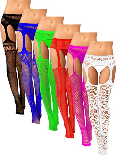 6 Pairs Women Fishnet Thigh-High Stockings Tights Suspender Pantyhose Stockings for Women Girls (Black, Blue, Green, Red, Rose Red, White,Medium-large)