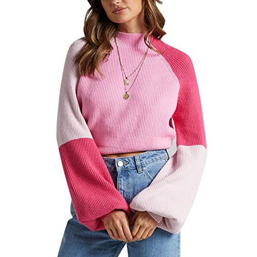 ZAFUL Women's Mock Neck Color Block Sweaters Knitted Pullover Jumper Tops Casual Lantern Sleeve Cropped Sweater