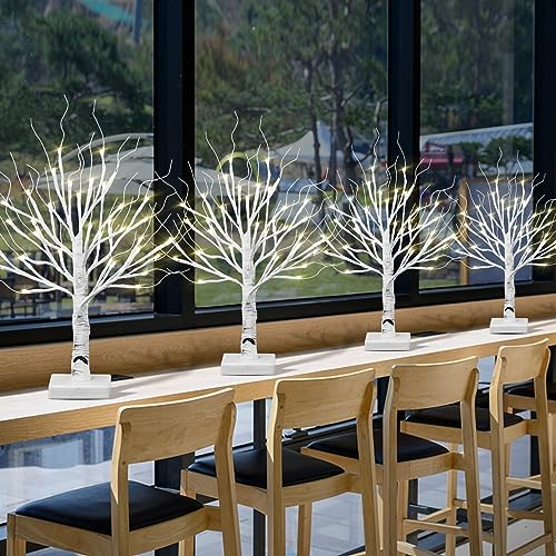 Brightdeco Set of 4 Lighted Birch Tree 36LT LED Home Decorations Battery Operated Artificial Money Tree Gift Holder Decor Warm White 18'