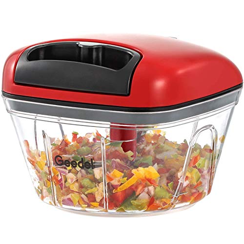 Manual Food Processor Vegetable Chopper, Geedel Pull Cutter with String for Veggies, Fruits, Salad, Onion, Ginger, Nuts, Herbs, etc, 2 Cup(500ml), Red