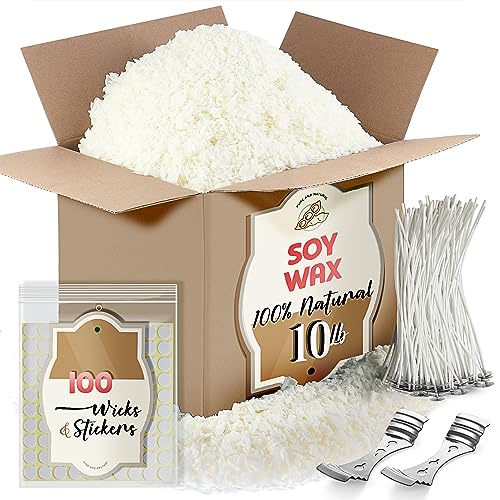 Etienne Alair Soy Candle Wax for Candle Making - Natural Soy Wax for Candle Making 10 lb Bag, Premium Soy Wax Flakes, 100 Cotton Candle Wicks, 100 Wick Stickers, & 2 Centering Devices - 10 Lbs