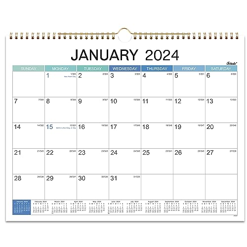 2024 Wall Calendar - Jan 2024 - Dec 2024, 12 Monthly Hanging Calendar 2024 Planner, 15' x 11.5', Spiral Binding, Yearly Overview, Holidays, Large Blocks, Perfect Organizer for Home & Office