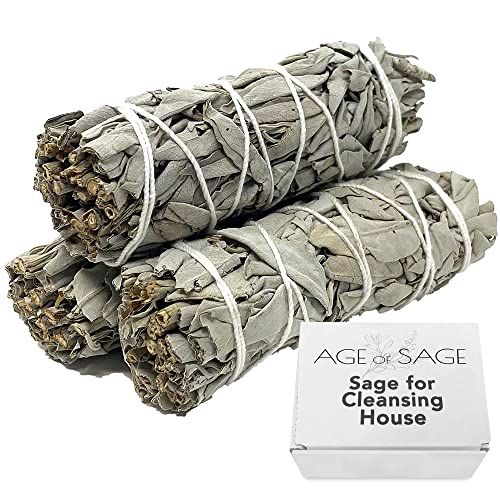 Age of Sage White Sage Smudge Sticks 4' Long - Stress Relief Dried Sage Incense Sticks - Burning Sage Sticks Bundle for Cleansing House Negative Energy - Hand Wrapped White Sage Incense Sticks - 3pk