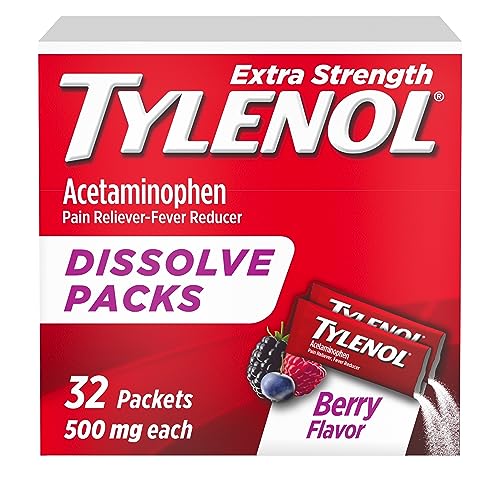 Tylenol Extra Strength Dissolve Packs, 500 mg Acetaminophen Pain Reliever & Fever Reducer, On-The-Go Powder Packets for Minor Aches & Pains, Ibuprofen- & Aspirin-Free, Berry Flavor, 32 ct