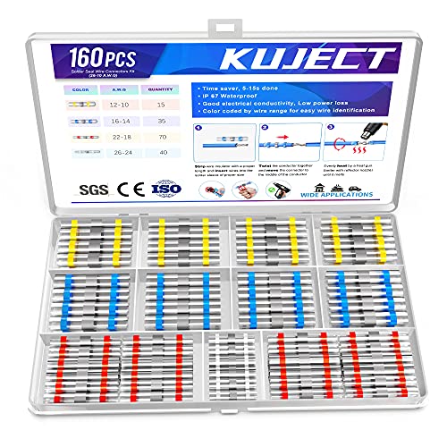 Kuject 160PCS Solder Seal Wire Connectors Kit, Waterproof Solderless Heat Shrink Butt Terminal Insulated Electrical Butt Splice for Automotive Marine Boat Wire Joint