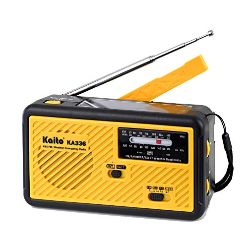 Kaito Voyager ECO Emergency Radio KA336 AM/FM NOAA Weather Alert 5-Way Powered Solar Crank Radio Receiver with LED Flashlight and USB Mobile Phone Charger Yellow
