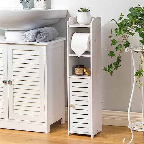 Toilet Paper Holder Stand, Storage Cabinet Beside Toilet for Small Space Bathroom with Toilet Roll Holder, White by AOJEZOR
