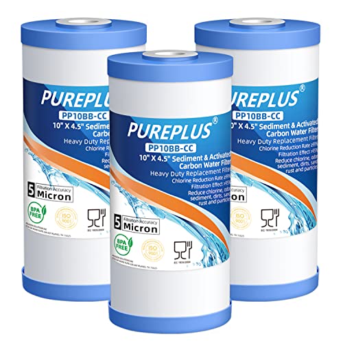 PUREPLUS 5 Micron 10' x 4.5' FXHTC Whole House Sediment and Carbon Water Filter Replacement Cartridge for GE GXWH40L, GXWH35F, GNWH38S, Culligan RFC-BBSA, WRC25HD, RFC-BB, PP10BB-CC, WFHD13001, 3Pack