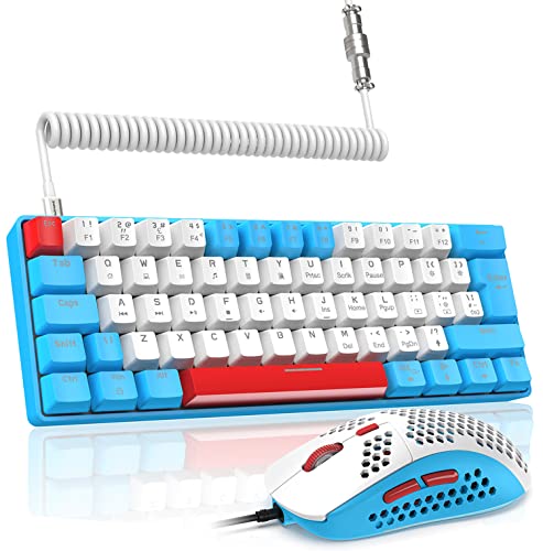 LexonElec T60PRO 60% Mechanical Keyboard and Mouse Combo+Coiled USB C Cable, Compact RGB LED Backlit Keyboard, Linear Red Switch, 6400 DPI Programmable RGB Mouse for PC Mac Gamer(Blue&White)