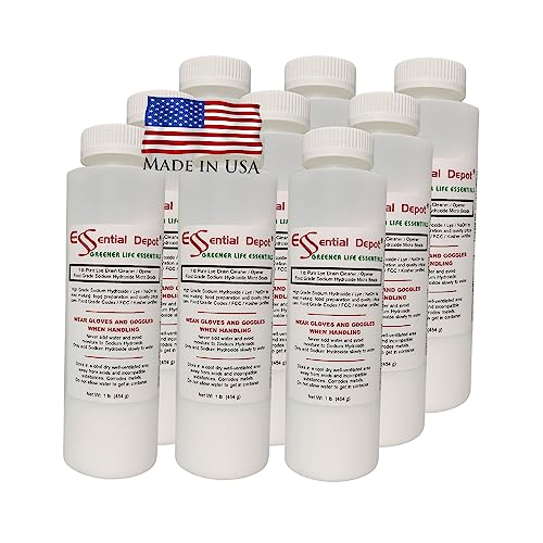 9 lbs Food Grade Sodium Hydroxide Lye Evenly-Sized Micro Pels (Beads or Particles) - 9 x 1 lb Bottles - Lye Drain Cleaner