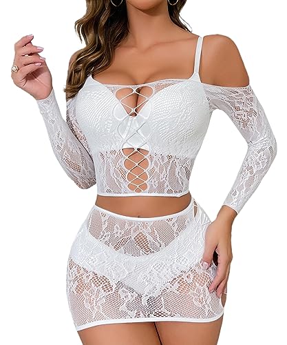 Buitifo Womens Lingerie Set Fishnet Babydoll Bodysuit Sexy Nightwear（White TJCA,M