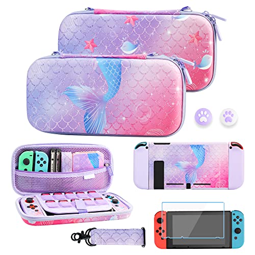 GLDRAM Purple Carrying Case for Nintendo Switch, Accessories Bundle with Protable PU Travel Case, PC Protetive Shell, 9H Screen Protector, Thumb Caps and Shoulder Strap for Mermaid