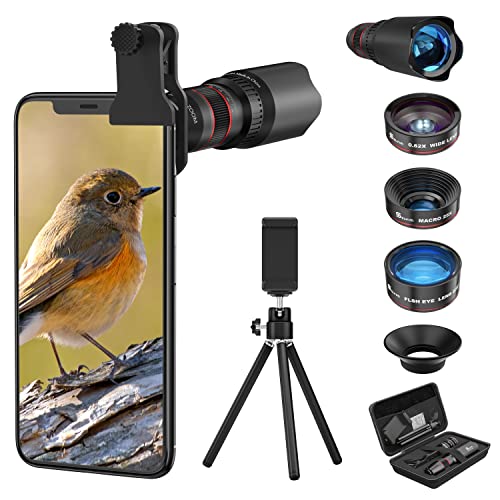 Selvim Phone Camera Lens Phone Lens Kit 4 in 1, 22X Telephoto Lens, 235° Fisheye Lens, 0.62X Wide Angle Lens, 25X Macro Lens, Compatible with iOS iPhone 10 8 7 6 6s Plus X XS XR Android Samsung -Black