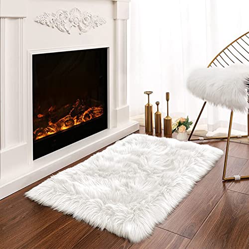 Latepis White Sheepskin Rug 2x3 Faux Fur Sheepskin Rug for Living Room Fluffy Washable Rug for Bedroom Luxury Room Decor Furry Rug Rectangle