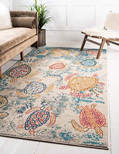 Unique Loom Positano Collection Coastal Modern Turtles Beige Area Rug (5' x 8')