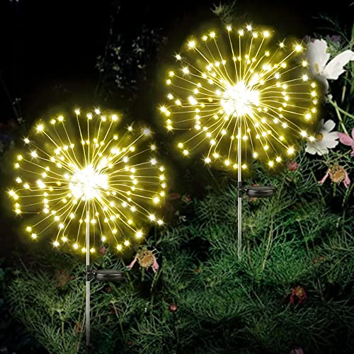 2-Pack Solar Garden Lights Outdoor Decorations, 180 LED Solar Firework Lights Waterproof with 2 Modes, Starburst Solar Powered Lights Outdoor for Pathway Yard Party Wedding Patio Walkway(Warm White)