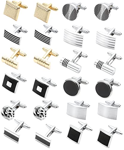 SONNYX 12 Pairs Cufflinks for Men Classic Tone Cuff Links Silver Black Striped Disc Square Rectangle Cuff Links Shirt Suit Men’s Cufflinks For Wedding Groom Business Elegant Gift