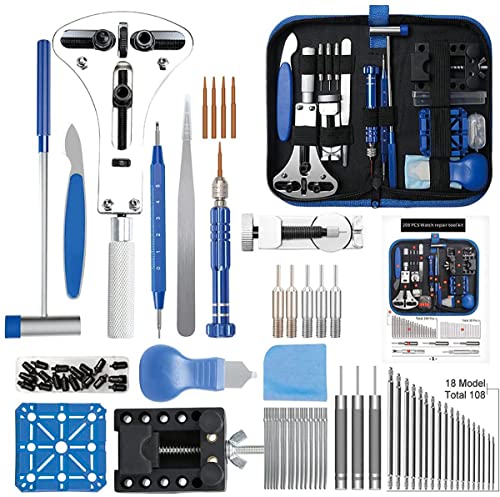 Kingsdun Watch Repair Kit, Professional 208Pcs Watch Battery Replacement Tool Watchband Link & Back Remover, Spring Bar Tool Kit with Carrying Case & Instruction Manual (Blue)