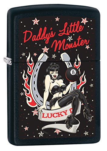 Zippo Custom Lighter: Daddys Little Monster, Pin-Up Girl - Black Matte 78774