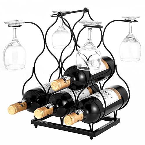 TCBWFY Countertop Wine Rack Metal,Hold 6 Bottles and 4 Glasses Wine Holder Stand,3-Tier Small Tabletop Wine Rack,Wine Organizer for Cabinet,Pantry