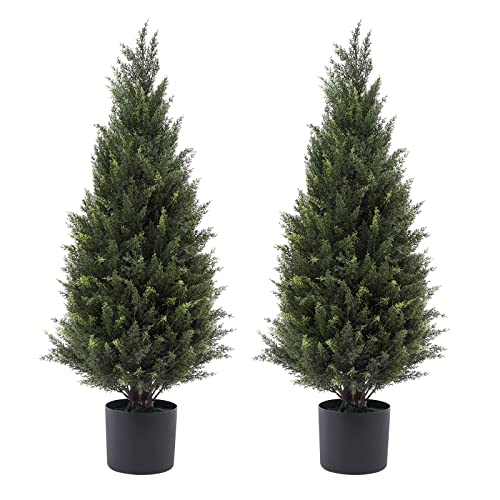 3ft(35”) Artificial Cedar Outdoor Artificial Shrub Sunlight Resistant Leafy Potted Plant Plant for Indoor Porch of Home and Office Artificial Outdoor Tree 2 Pieces a Set Topiary Trees