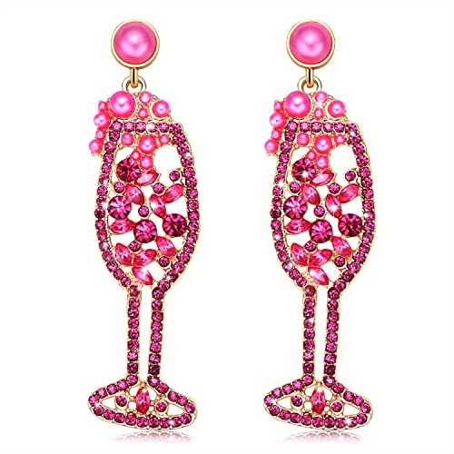 Champagne Wine Glass Earrings-Handmade Champagne Flute Earrings -Charm Rhinestone Crystal Pearl beaded Drop Dangle Earrings- Cute Pretty Earrings For Woman (hot pink)