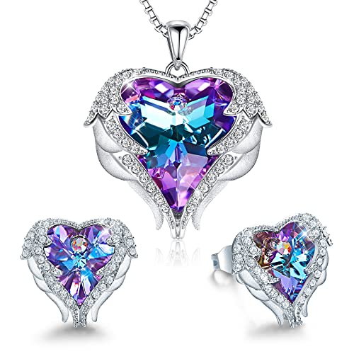 CDE Angel Wing Heart Jewelry Sets Gift for Women Pendant Necklaces and Earrings Anniversary Birthday Mother's Valentine's Day Jewelry Gifts for Women Mom Stepmom Daughter