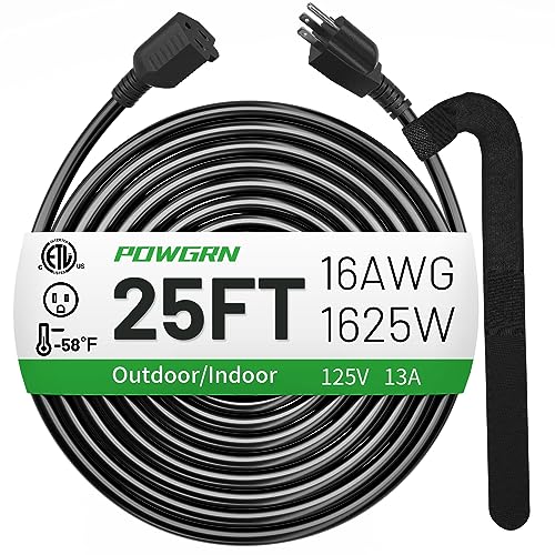 POWGRN 25 FT 16/3 Black Indoor Outdoor Extension Cord Waterproof, 3 Prong Flexblie SJTW Cold Weatherproof -50°C Appliance Extension Cord 13 AMP 1625W 16AWG Heavy Duty Electric Cord, POWGRN ETL Listed